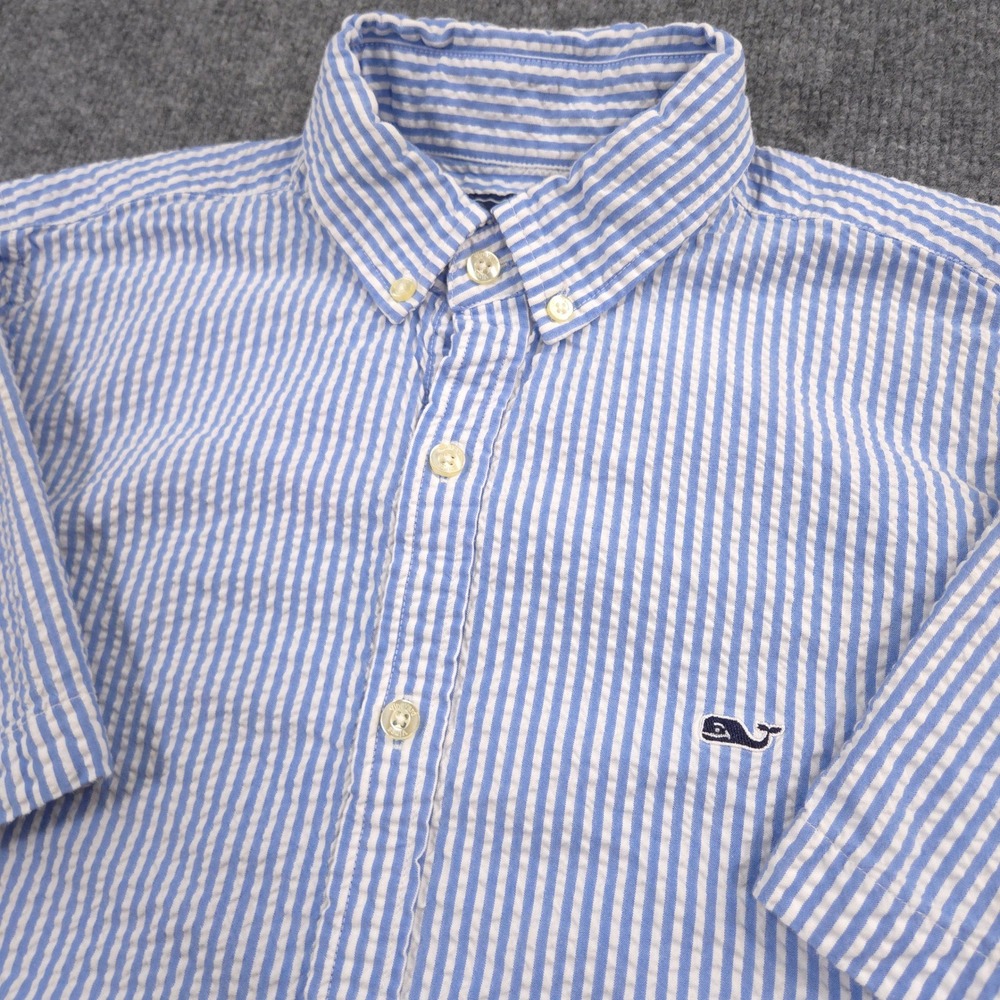 Vineyard Vines Seersucker Shirt Mens XS Blue Striped Slim Fit Whale Short Sleeve